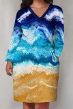 Black Yellow Casual Floral Print Pocket Contrast V Neck Printed Plus Size Dresses