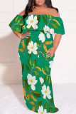 Gray Green Sexy Floral Print Ruffle Off Shoulder Printed Plus Size Dresses