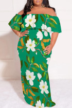Green Sexy Floral Print Ruffle Off Shoulder Printed Plus Size Dresses
