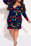 Apricot Sexy Floral Print Lace Up Ruffle V Neck Printed Plus Size Dresses