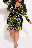 Apricot Sexy Floral Print Lace Up Ruffle V Neck Printed Plus Size Dresses