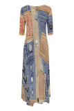 Multicolor Casual Street Faux Denim Print Pocket O Neck Irregular Dresses