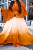 Tangerine Red Street Gradient Color Patchwork Strap Design V Neck Long Sleeve Two Pieces