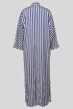 Blue Casual Stripe Buckle Patchwork Slit Turndown Collar Long Dresses