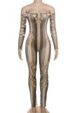 Coffee Sexy Hot Print Hollow Out See-Through Off Shoulder Skinny Jumpsuits
