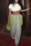 Grey Casual Draw String Pocket Patchwork Contrast Loose Low Waist Conventional Patchwork Bottoms