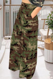 Blue Casual Street Geometric Print Camouflage Print Pocket Contrast Loose High Waist Wide Leg Full Print Bottoms