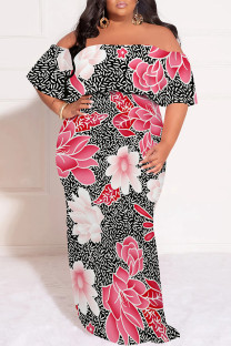 Black Red Sexy Floral Print Ruffle Off Shoulder Printed Plus Size Dresses
