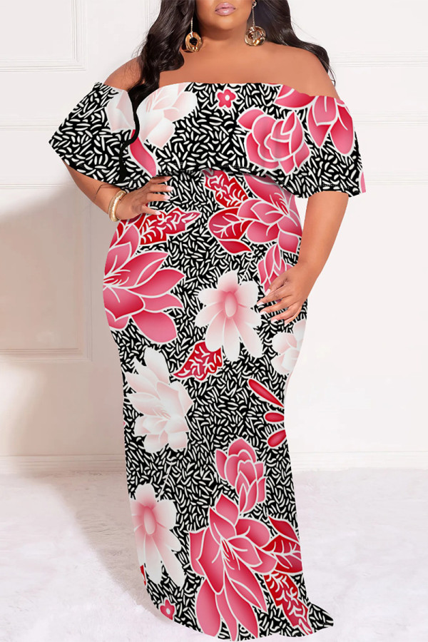 Black Red Sexy Floral Print Ruffle Off Shoulder Printed Plus Size Dresses