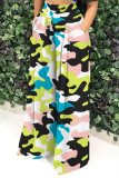 Blue Casual Street Geometric Print Camouflage Print Pocket Contrast Loose High Waist Wide Leg Full Print Bottoms