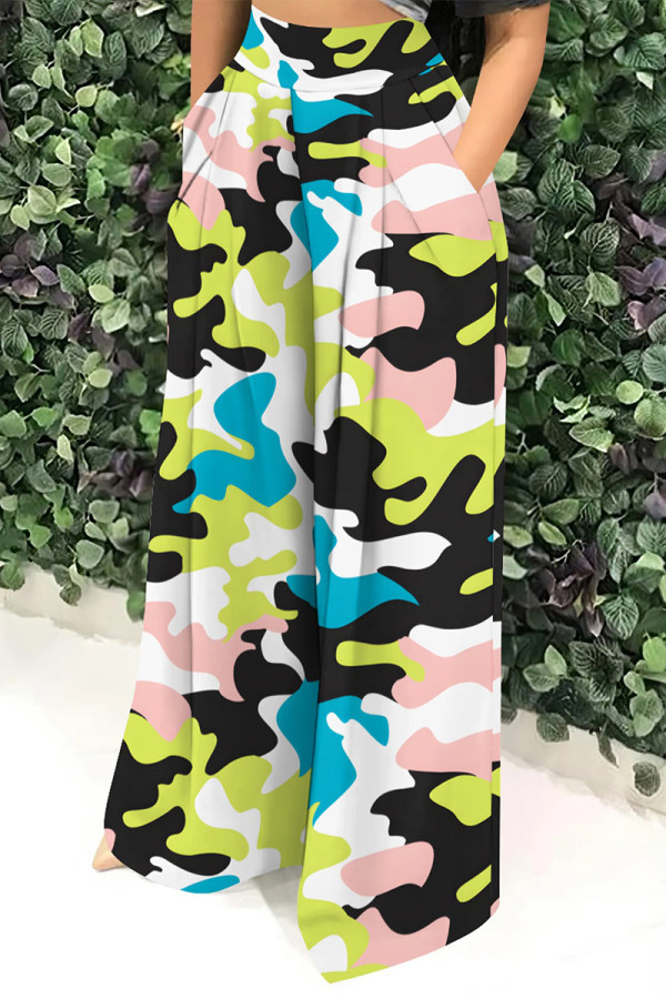 Fluorescent Green Casual Street Geometric Print Camouflage Print Pocket Contrast Loose High Waist Wide Leg Full Print Bottoms