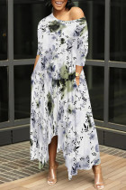 White Casual Street Floral Print Gradient Pocket Contrast O Neck Irregular Dresses
