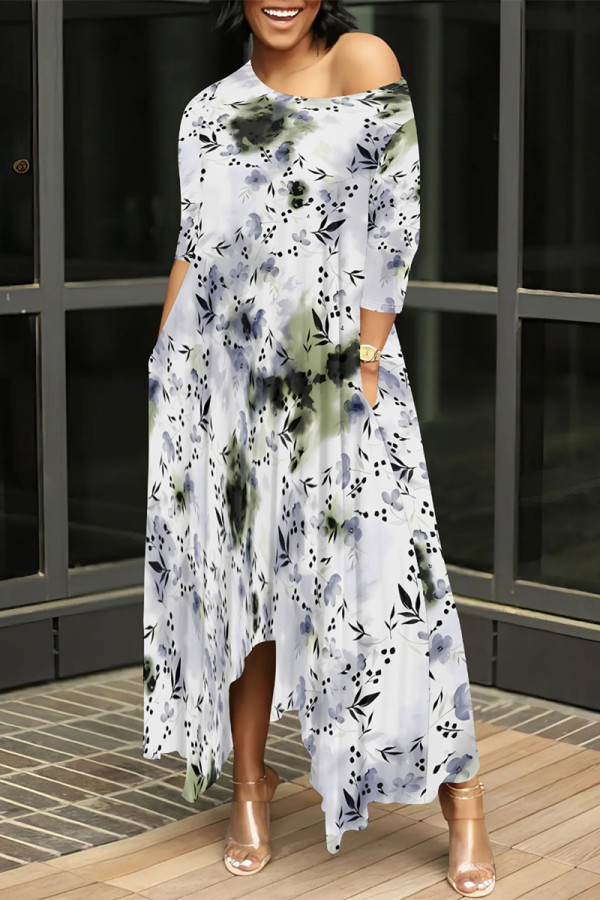 White Casual Street Floral Print Gradient Pocket Contrast O Neck Irregular Dresses