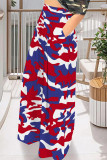 Blue Casual Street Geometric Print Camouflage Print Pocket Contrast Loose High Waist Wide Leg Full Print Bottoms