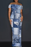 Blue Sexy Street Faux Denim Print Slit Off Shoulder Printed Dresses