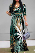 Green Street Elegant Floral Print Lace Up Contrast V Neck Printed Dresses