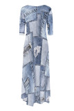 Multicolor Casual Street Faux Denim Print Pocket O Neck Irregular Dresses