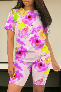 Pink Purple Casual Daily Geometric Print Flowers Pocket Contrast O Neck Short Sleeve Two Pieces