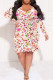 White Sexy Floral Print Lace Up Ruffle V Neck Printed Plus Size Dresses