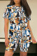 Tibetan Blue Casual Street Geometric Print Floral Print Contrast O Neck Short Sleeve Two Pieces