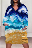 Black Yellow Casual Floral Print Pocket Contrast V Neck Printed Plus Size Dresses
