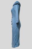 Sky Blue Elegant Solid Color Buckle Patchwork Ruched Off Shoulder Long Dresses