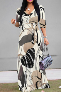 Beige Street Elegant Floral Print Lace Up Contrast V Neck Printed Dresses