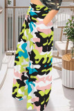 Blue Casual Street Geometric Print Camouflage Print Pocket Contrast Loose High Waist Wide Leg Full Print Bottoms