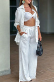 White Casual Solid Color Pocket Buckle See-Through Turndown Collar Long Sleeve Two Pieces