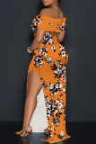 Orange Sexy Street Plaid Cartoon Print Flowers Slit Contrast Off Shoulder Printed Dresses