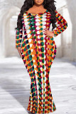 Baby Blue Sexy Street Geometric Print Polka Dot V Neck Fishtail Plus Size Dresses