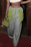 Grey Casual Draw String Pocket Patchwork Contrast Loose Low Waist Conventional Patchwork Bottoms
