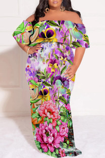 Purple Sexy Floral Print Ruffle Off Shoulder Printed Plus Size Dresses