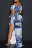 Blue Sexy Street Faux Denim Print Slit Off Shoulder Printed Dresses
