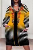 Black Yellow Casual Floral Print Pocket Contrast V Neck Printed Plus Size Dresses