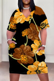 Black Yellow Casual Street Floral Print Pocket Contrast V Neck Printed Plus Size Dresses