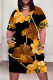 Orange Black Casual Street Floral Print Pocket Contrast V Neck Printed Plus Size Dresses