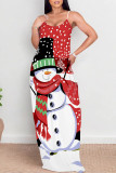 Deep Red Casual Snowflakes Snowman Print Contrast U Neck Printed Dresses