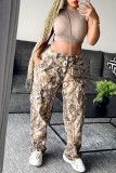 Camel Casual Print Buttons Patchwork Strap Design Zipper Regular Mid Waist Conventional Full Print Bottoms