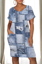 Baby Blue Casual Daily Faux Denim Print Pocket Contrast V Neck Printed Short Sleeve Dress