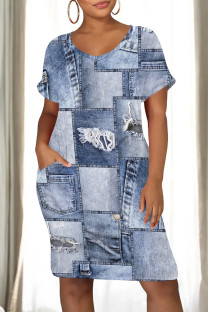 Baby Blue Casual Daily Faux Denim Print Pocket Contrast V Neck Printed Short Sleeve Dress