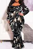 Deep Coffee Sexy Geometric Print Flowers Contrast V Neck Fishtail Plus Size Dresses