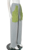 Grey Casual Draw String Pocket Patchwork Contrast Loose Low Waist Conventional Patchwork Bottoms