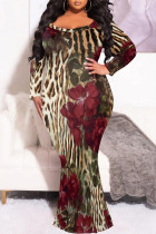 Purple Brown Sexy Street Floral Print Contrast V Neck Printed Plus Size Dresses