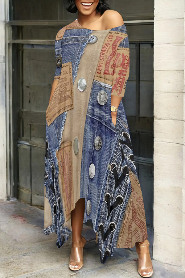 Multicolor Casual Street Faux Denim Print Pocket O Neck Irregular Dresses