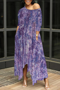 Purple Casual Street Floral Print Gradient Pocket Contrast O Neck Irregular Dresses