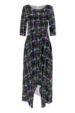 Army Green Casual Street Floral Print Gradient Pocket Contrast O Neck Irregular Dresses