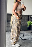 Camel Casual Print Buttons Patchwork Strap Design Zipper Regular Mid Waist Conventional Full Print Bottoms
