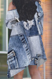 Blue Coffee Casual Street Faux Denim Print Irregular Contrast Sloping Shoulder Plus Size Two Pieces