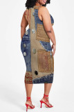 Dark Blue Casual Street Faux Denim Print Contrast O Neck Printed Plus Size Dresses